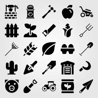 Bahçe simge vektör ayarlayın. Çatal, çim biçme makinesi, yaprak ve kaktüs