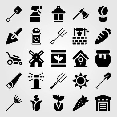 Bahçe simge vektör ayarlayın. serpin, komisyon, gübre ve kürek