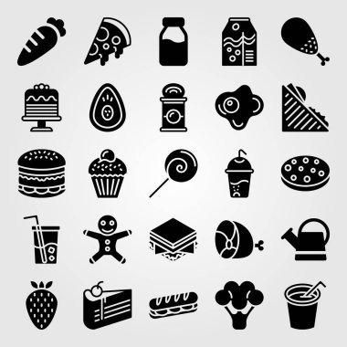 Yiyecek ve içecekler simge vektör ayarlayın. jambon, cupcake, brokoli ve burger