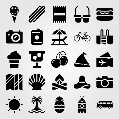 Yaz aylarında vektör Icon set. Sosisli sandviç, yelkenli, güneş gözlüğü ve Yüzme Havuzu