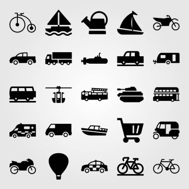 Ulaşım vektör Icon set. Araba, sulama olabilir, yangın kamyon ve kamyonet