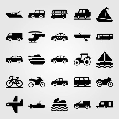 Ulaşım vektör Icon set. kamyon, Bisiklet, yat ve deniz scooter