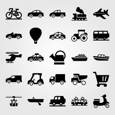 Ulaşım vektör Icon set. sulama olabilir, Damper, sıcak hava balonu ve golf