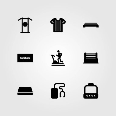 Fitness vektör Icon set. jimnastik minderi, spor gömlek, gömlek ve çekme