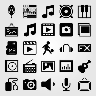 Çoklu ortam simgesini vektör ayarlayın. klavye, film oynatıcı, bellek ve gitar