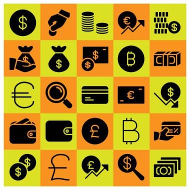 Para simge vektör ayarlayın. Doları para, euro, dolar ve Büyüteç