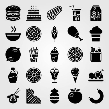 Yiyecek ve içecekler Icon set vektör. patates kızartması, ananas, erişte ve meşrubat