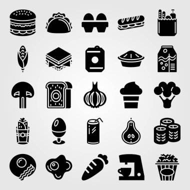 Yiyecek ve içecekler Icon set vektör. sishi, patlamış mısır, taco ve pasta