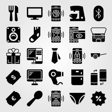 Alışveriş vektör Icon set. hediye, monitör, bilgisayar ve sepeti