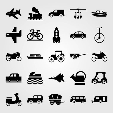Ulaşım vektör Icon set. Uçak, roka, tekne ve motosiklet