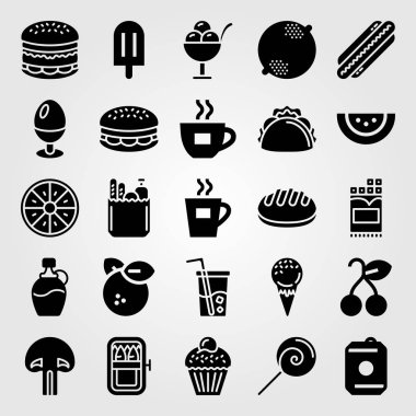 Yiyecek ve içecekler Icon set vektör. portakal, mantar, sosis ve kiraz