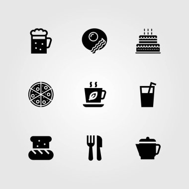 Restoran vektör Icon set. çatal bıçak takımı, Kahvaltı, doğum günü pastası ve bira