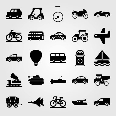 Ulaşım vektör Icon set. Tek tekerlekli sirk bisikletine, otobüs, hava balonu ve van