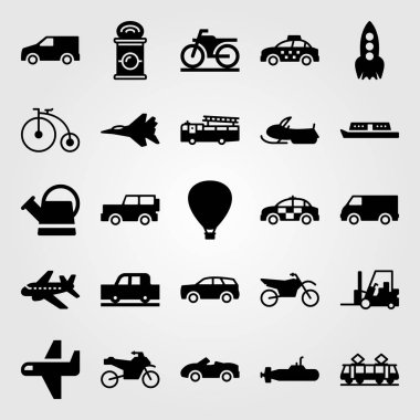 Ulaşım vektör Icon set. sulama olabilir, spor araba, forklift ve roket