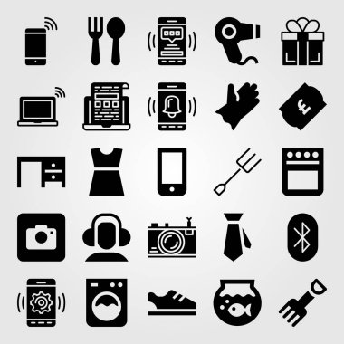 Alışveriş vektör Icon set. balık yuvarlak kase, eldiven, saç kurutma makinesi ve spor ayakkabı