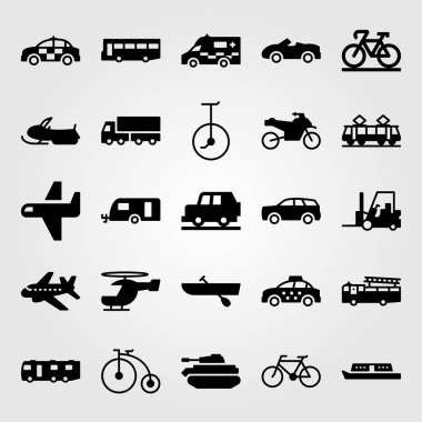 Ulaşım vektör Icon set. Tank, tekne, forklift ve spor araba