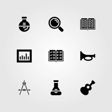 Eğitim vektör Icon set. Büyüteç, gitar, şişesi ve açık kitap