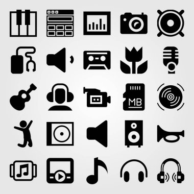 Multimedya vektör Icon set. Makro, gitar, mikrofon ve fotoğraf kamera