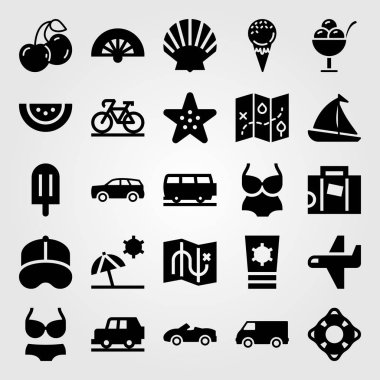 Yaz aylarında vektör Icon set. Deniz yıldızı, kap, fan ve van