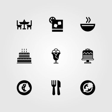 Restoran vektör Icon set. Tablo, havuç, dondurma ve pasta