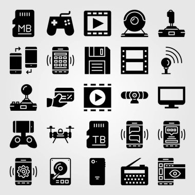 Teknoloji vektör Icon set. radyo, dron, smartphone ve film oyuncu