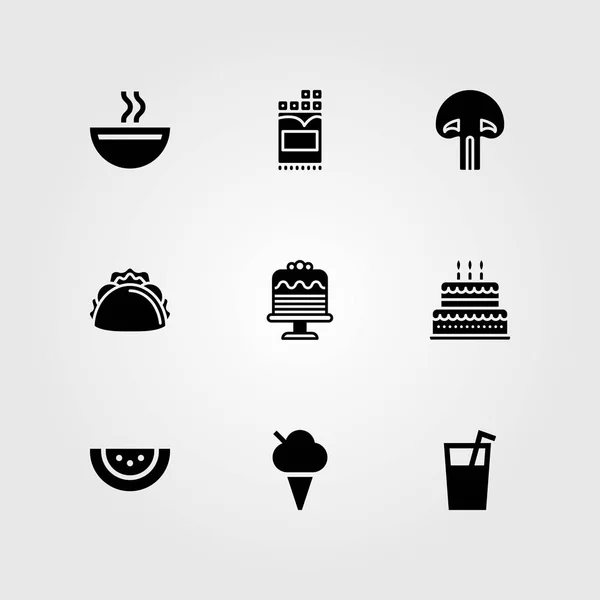 Yiyecek Içecekler Icon Set Vektör Suyu Karpuz Taco Mantar — Stok Vektör