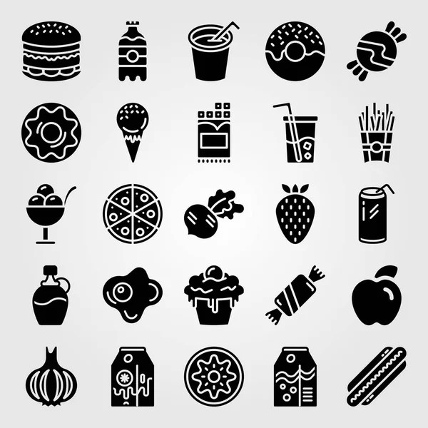 Alimentos Bebidas Icono Conjunto Vectores Chocolate Hamburguesa Manzana Jugo — Vector de stock