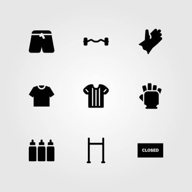 Fitness vektör Icon set. spor gömlek, pazı halter, çekin ve kapalı