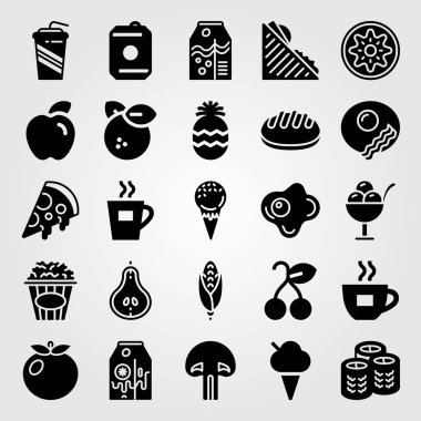 Yiyecek ve içecekler Icon set vektör. sishi, patlamış mısır, suyu ve muzlu süt