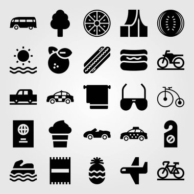 Yaz aylarında vektör Icon set. Dondurma, havlu, karpuz ve Bisiklet