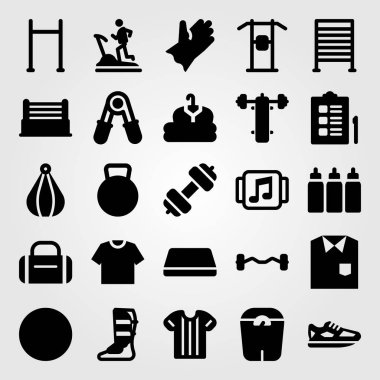 Fitness vektör Icon set. koşu ayakkabıları, spor mat, top ve eldiven