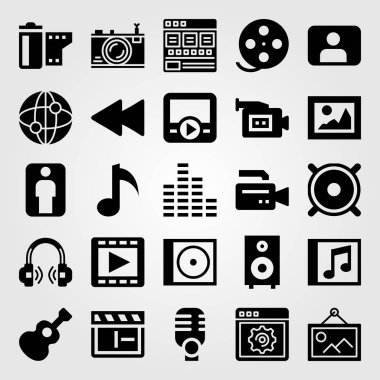 Multimedya vektör Icon set. resim, kompakt disk, gitar ve fotoğraf kamera