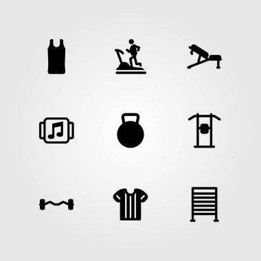 Fitness vektör Icon set. kettlebell, Yüksel, spor gömlek ve halter