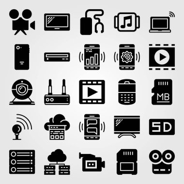 Teknoloji simge vektör ayarlayın. müzik çalar, dizüstü bilgisayar, bulut hesaplama ve sd kart