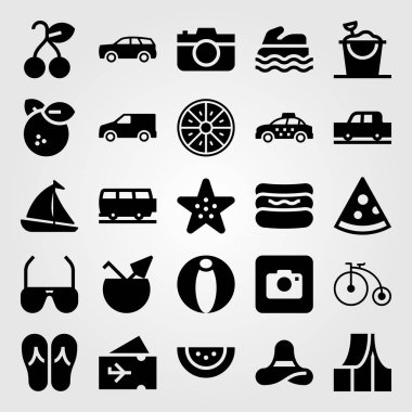 Yaz aylarında vektör Icon set. Sosisli sandviç, kiraz, çadır ve van