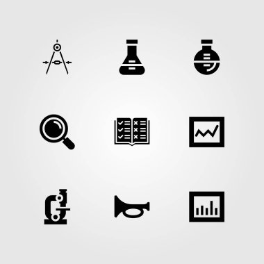 Eğitim vektör Icon set. Büyüteç, şişesi, pusula ve açık kitap