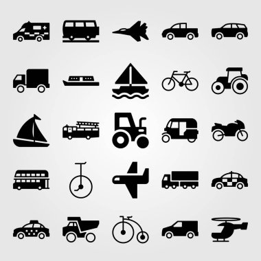 Ulaşım vektör Icon set. Tuk tuk, Damper, uçak ve yelkenli
