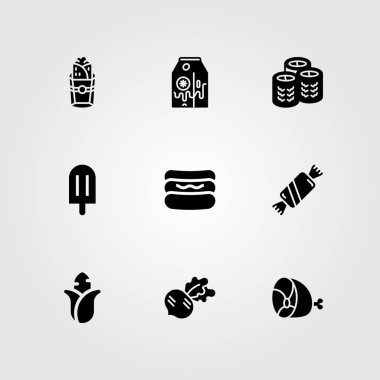 Yiyecek ve içecekler Icon set vektör. Mısır, turp, süt ve şeker