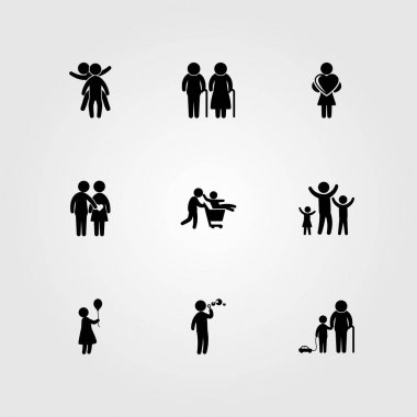 İnsanlar simge vektör ayarlayın. oynayan çocuk, çocuk, kadın ve torunu