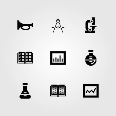 Eğitim vektör Icon set. Analytics, şişesi, açık kitap ve mikroskop