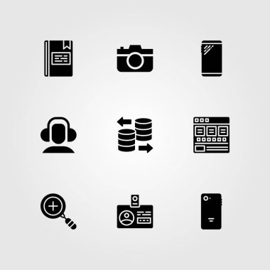 Temel vektör Icon set. kulaklıklar, kimlik kartı, kitap ve tarayıcı