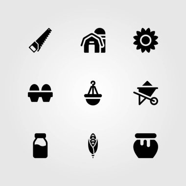 Bahçe vektör Icon set. Ayçiçeği, ahır, Mısır ve bal