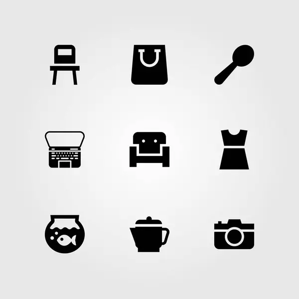 购物矢量图标集 相片照相机 水壶和椅子 — 图库矢量图片