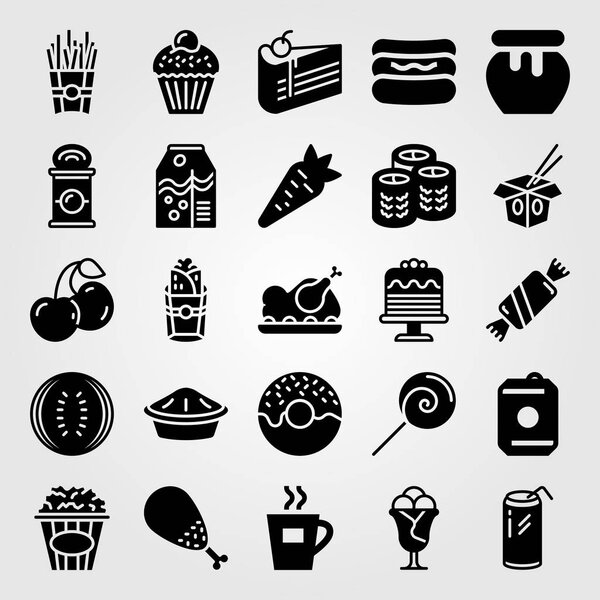 Food And Drinks vector icon set. juice, ice cream, hot dog and burito