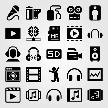 Multimedya vektör Icon set. mikrofon, film rulo, tarayıcı ve kamera