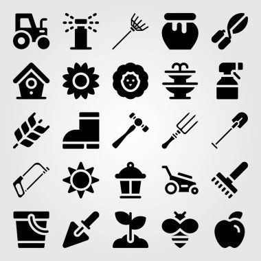 Bahçe simge vektör ayarlayın. Ayçiçeği, kuş evi, traktör ve bal