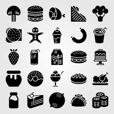 Yiyecek ve içecekler simge vektör ayarlayın. meşrubat, ekmek, kızarmış tavuk ve brokoli