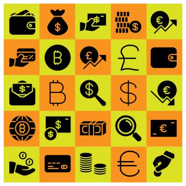 Para simge vektör ayarlayın. Sterlini, para, sikke ve para çantası