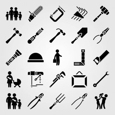 Araçlar simgesi vektör ayarlayın. kürek, işadamı, çocuk ve aile