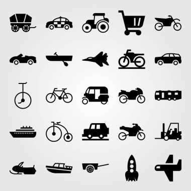 Ulaşım vektör Icon set. traktör, roka, spor araba ve karavan